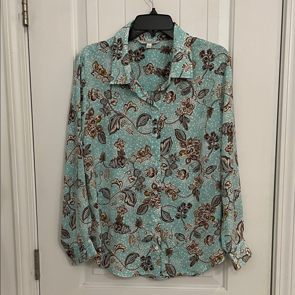 Liverpool Women's Floral Button Down Shirt - large pastel turquoise floral NWT